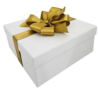 Caixa de Presente 25x25x10 Cartonada Branca Laço Dourado