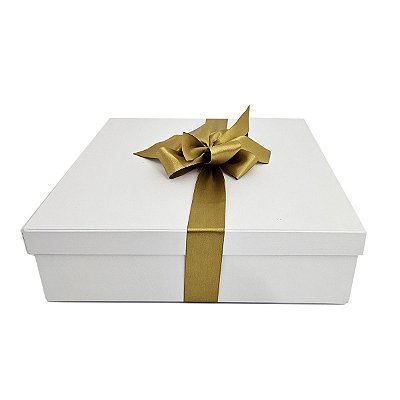 Caixa de Presente 40x40x10 Cartonada Branca Laço Dourado