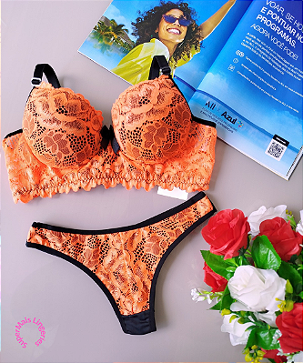 Conjunto de Lingerie Com Bojo e Renda Laranja Neon e Preto