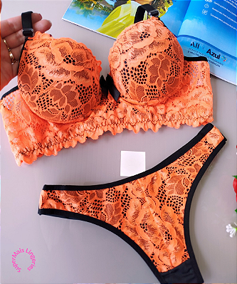 Conjunto de Lingerie Com Bojo e Renda Laranja Neon e Preto