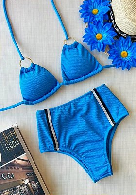 Biquíni Hot Pant Tropical Texturizado Tamanho GG Azul Marinho