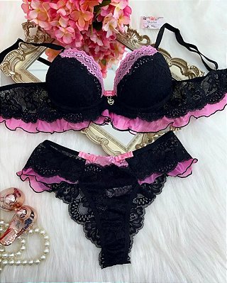 Conjunto de Lingerie Penélope Preto com Rosa