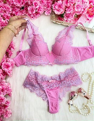 Conjunto de Lingerie Premium Chantilly Rosa Hera com Azul