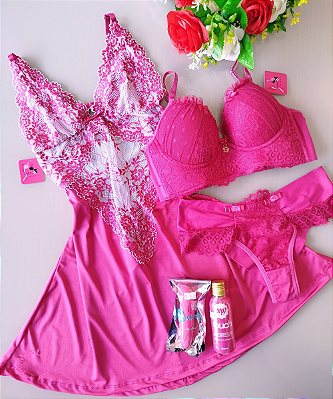 Combo Pink Camisola, Sutiã, Vibrador e Óleo de Massagem
