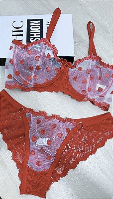 Conjunto Lingerie Mô Renda Vermelho Coração