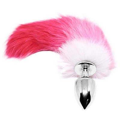 Plug Anal de Aço com Rabo de Raposa Pink e Branco Miss Collection REF 2288