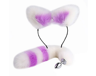 Kit Plug Anal Rabo de Raposa c/ tiara branco com  rosa