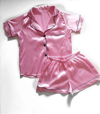 Pijama Victoria - Cetim Rosa Manga Curta e Short