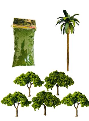 Kit 10 árvores, coqueiro e grama para maquete