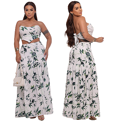 Conjunto femenino saia longa com croped tomara que caia moda femenina