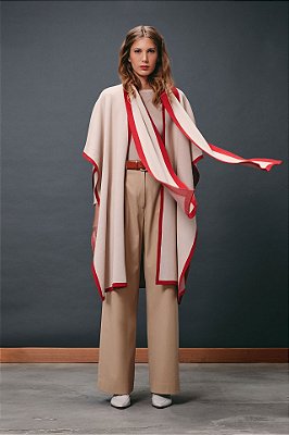 poncho de tricot aberto faixas cru