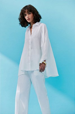 camisa de linho ampla fenda lateral branco