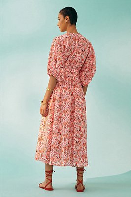vestido midi decote v com manga rio mini rosa