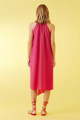 vestido midi sem manga com decote alto e corda rosa