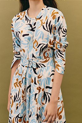 vestido midi manga comprida com cinto jardim modernista