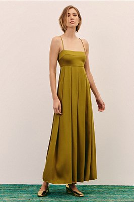 vestido longo pregas decote reto oliva