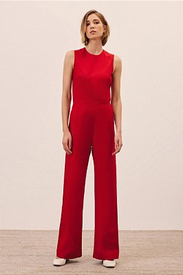 macacão de alfaiataria sem manga decote redondo vermelho