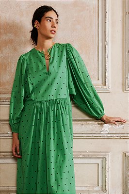 vestido midi túnica franzida dots verde