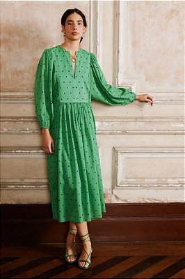 vestido midi túnica franzida dots verde
