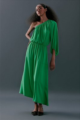 vestido midi de ombro único com manga bufante verde