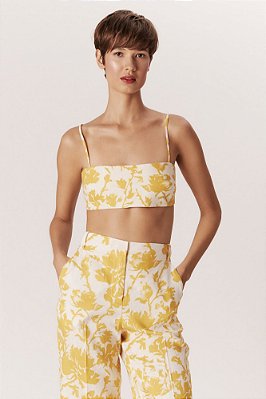 top faixa de linho reto floral amarelo