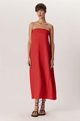 vestido de crepe midi tomara que caia inteiro vermelho