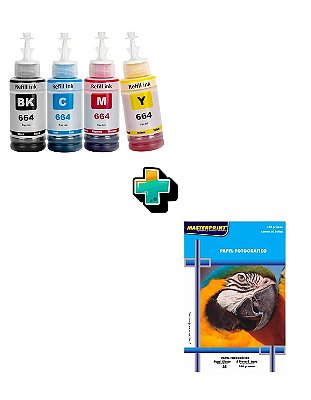KIT TINTA COMPATIVEL T664 C/ 4 CORES + 50 FOLHAS PAPEL FOTOGRAFICO 180G A4