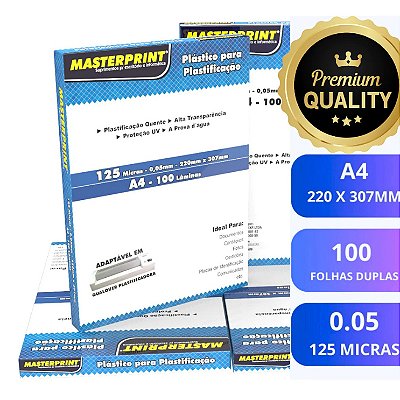 POLASIL PLASTICO PARA PLASTIFICACAO A4 C/ 100 UND | 125 micras | 0,05 mm | 220mmx307mm | MASTERPRINT