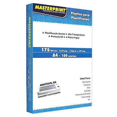 POLASIL PLASTICO PARA PLASTIFICACAO A4 C/ 100 UND | 175 micras | 0,07 mm | 220mmx307mm | MASTERPRINT