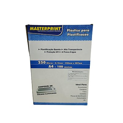 POLASIL PLASTICO PARA PLASTIFICACAO A4 C/ 100 UND | 250 micras | 0,10 mm | 220mmx307mm | MASTERPRINT