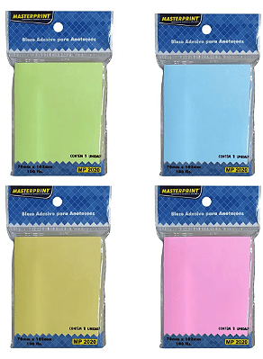 BLOCO ADESIVO KIT COM 4 CORES 76mmX102mm | 1X100FL (amarelo, azul, rosa, verde) MP2020,1,2,3