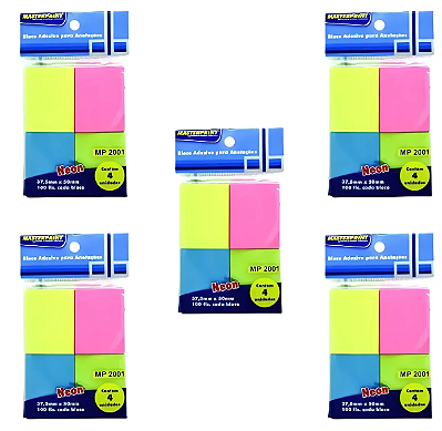 BLOCO ADESIVO KIT COM 5 UNID. C/ 4 CORES MP2001 | 100 FLS | 37,5mmX50mm NEON