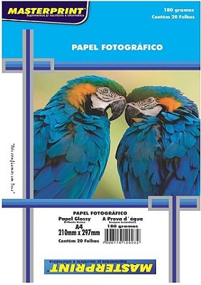 PAPEL FOTO GLOSSY MASTERPRINT 180 GRAMAS A4 20 FOLHAS