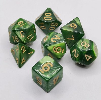 KIT 7 DADOS PARA RPG E TABULEIRO MODELO GREEN GOLD OIL PEARL CÓDIGO 705