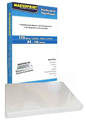 PLASTICO PARA PLASTIFICAÇÃO POLASEAL A4 175 MICRAS 100 UNIDADES MASTERPRINT