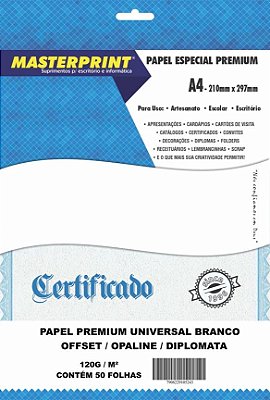 PAPEL OFFSET OPALINE DIPLOMATA MASTERPRINT A4 50 FOLHAS 120G