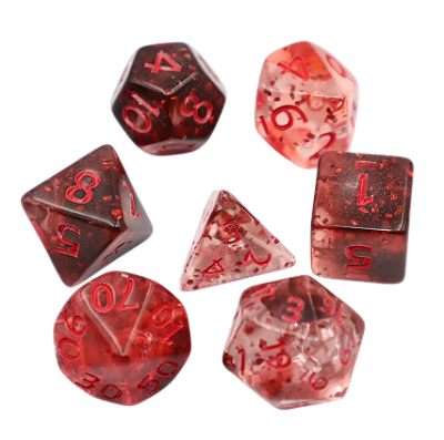KIT 7 DADOS PARA RPG TRANSLUCIDO COM DETALHES EM VERMELHO
