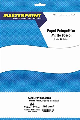 PAPEL FOTO MATTE FOSCO MASTERPRINT A4 100 FOLHAS 108G