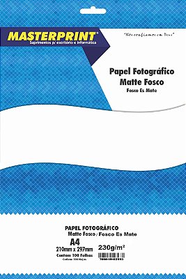 PAPEL FOTO MATTE FOSCO 230G MASTERPRINT A4 100 FOLHAS
