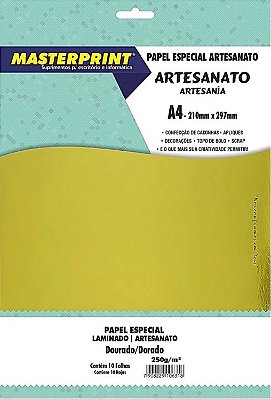PAPEL ESPECIAL ARTESANATO LAMINADO LAMICOTE DOURADO 250G MASTERPRINT A4 10 FOLHAS