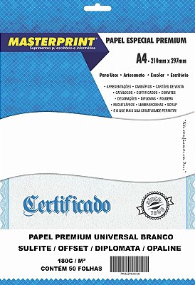 PAPEL OFFSET SULFITE OPALINE DIPLOMATA 180G A4 50 FOLHAS MASTERPRINT