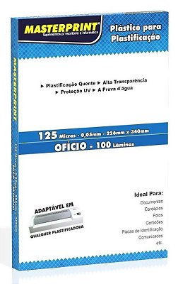 PLASTICO PARA PLASTIFICAÇÃO POLASEAL OFICIO 125 MICRAS 100 UNIDADES MASTERPRINT