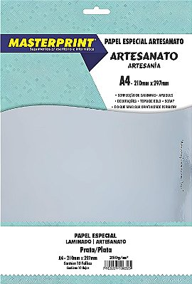 PAPEL ESPECIAL ARTESANATO LAMINADO LAMICOTE PRATA 250G MASTERPRINT A4 10 FOLHAS