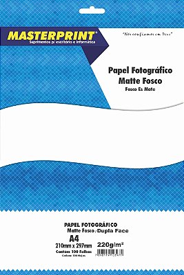 PAPEL FOTO MATTE FOSCO MASTERPRINT A4 100 FOLHAS DUPLA FACE 220G