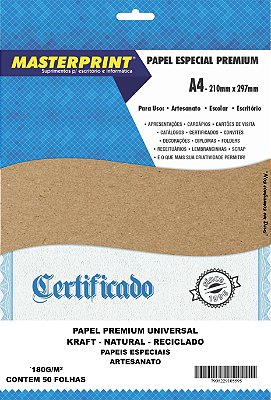 PAPEL KRAFT NATURAL RECICLADO 180G MASTERPRINT A4 50 FOLHAS