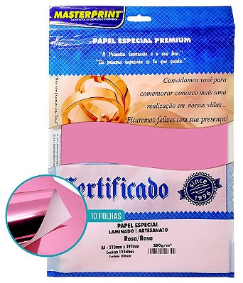 PAPEL ESPECIAL ARTESANATO LAMINADO LAMICOTE ROSA 250G MASTERPRINT A4 10 FOLHAS