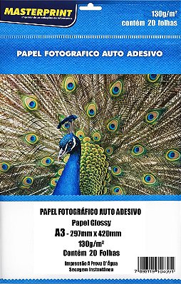 PAPEL FOTO GLOSSY ADESIVO 130G MASTERPRINT A3 20 FOLHAS