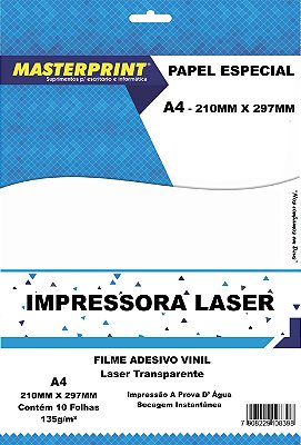 FILME ADESIVO VINIL LASER TRANSPARENTE MASTERPRINT A4 135G 10 FOLHAS