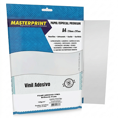 FILME ADESIVO VINIL PRATA GLOSSY 135G A4 10 FOLHAS MASTERPRINT