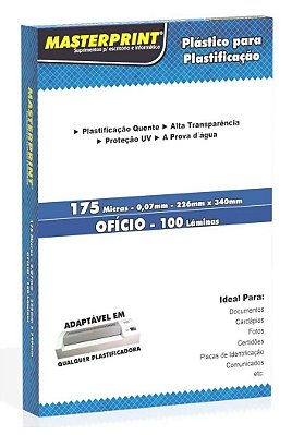 PLASTICO PARA PLASTIFICAÇÃO POLASEAL OFICIO 175 MICRAS 100 UNIDADES MASTERPRINT